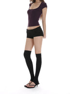 iamxiaa Two Tone Ribbed Panel Fold Over Cuff Slim Hip Hugging Women's Short Trousers