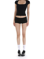 iamxiaa Two Tone Ribbed Panel Fold Over Cuff Slim Hip Hugging Women's Short Trousers