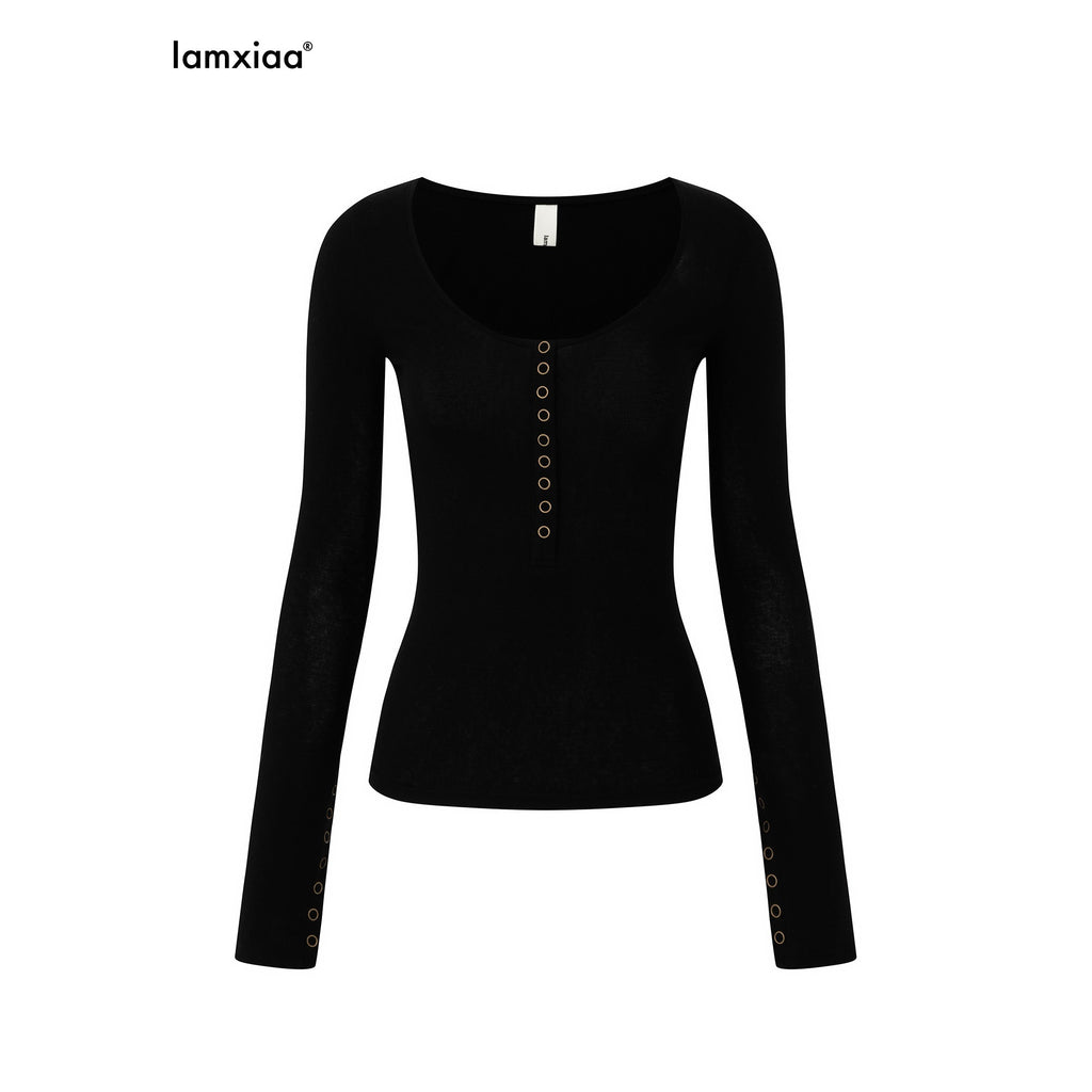 iamxiaa U Neck 9 Button Slim Adjust Cuff Women's Tencel Wool Long Sleeve T-shirts 979051688926