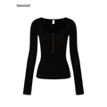 iamxiaa U Neck 9 Button Slim Adjust Cuff Women's Tencel Wool Long Sleeve T-shirts 979051688926