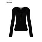 iamxiaa U Neck 9 Button Slim Adjust Cuff Women's Tencel Wool Long Sleeve T-shirts 979051688926