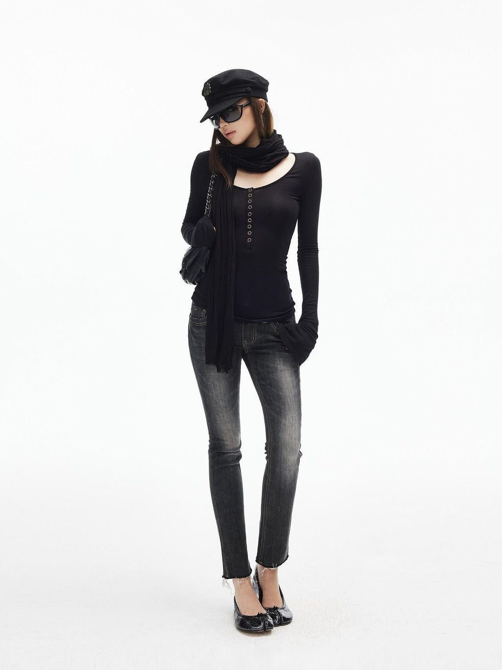 iamxiaa U Neck 9 Button Slim Adjust Cuff Women's Tencel Wool Long Sleeve T-shirts