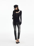 iamxiaa U Neck 9 Button Slim Adjust Cuff Women's Tencel Wool Long Sleeve T-shirts