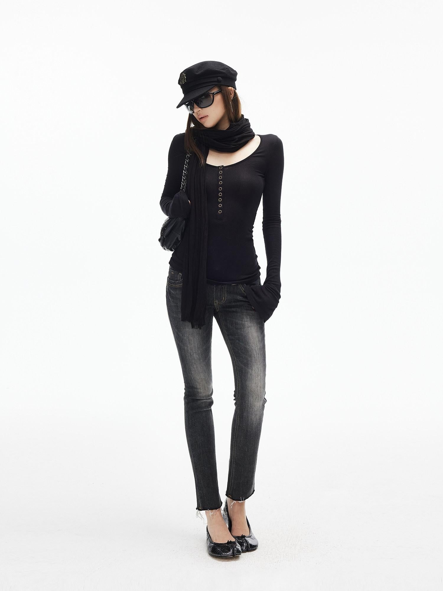 iamxiaa U Neck 9 Button Slim Adjust Cuff Women's Tencel Wool Long Sleeve T-shirts