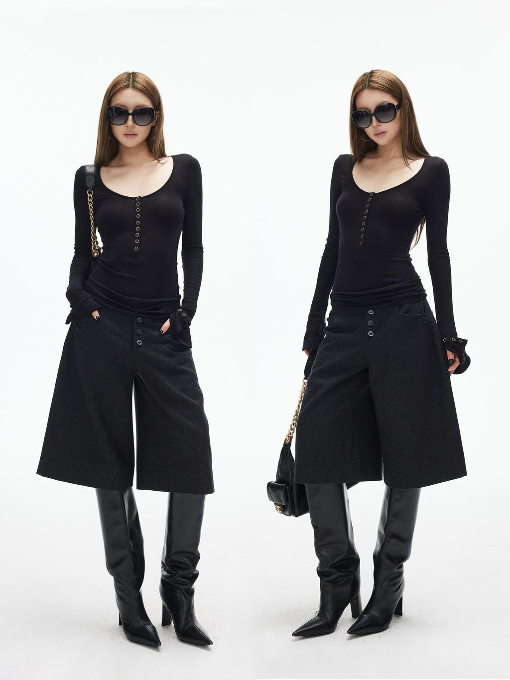 iamxiaa U Neck 9 Button Slim Adjust Cuff Women's Tencel Wool Long Sleeve T-shirts
