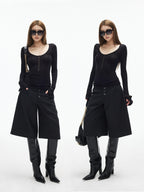 iamxiaa U Neck 9 Button Slim Adjust Cuff Women's Tencel Wool Long Sleeve T-shirts