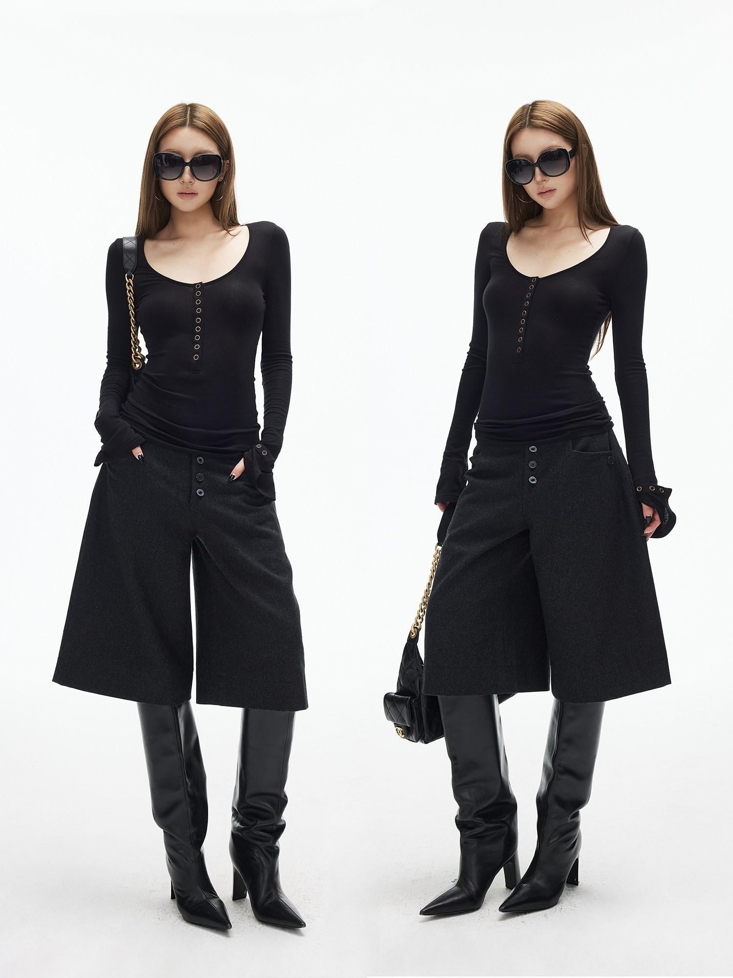 iamxiaa U Neck 9 Button Slim Adjust Cuff Women's Tencel Wool Long Sleeve T-shirts