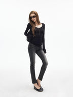 iamxiaa U Neck 9 Button Slim Adjust Cuff Women's Tencel Wool Long Sleeve T-shirts