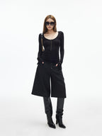 iamxiaa U Neck 9 Button Slim Adjust Cuff Women's Tencel Wool Long Sleeve T-shirts