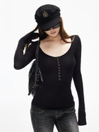 iamxiaa U Neck 9 Button Slim Adjust Cuff Women's Tencel Wool Long Sleeve T-shirts