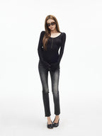 iamxiaa U Neck 9 Button Slim Adjust Cuff Women's Tencel Wool Long Sleeve T-shirts
