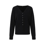iamxiaa V-neck Henley Fine Knit Hidden Button Off Shoulder Women's Wool Blend Sweaters 869696959505