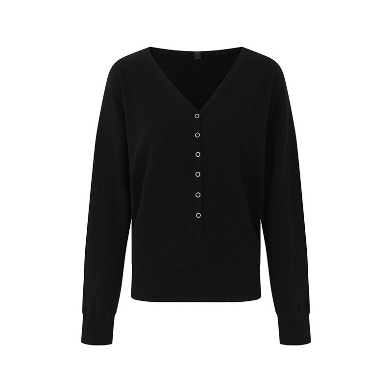 iamxiaa V-neck Henley Fine Knit Hidden Button Off Shoulder Women's Wool Blend Sweaters 869696959505