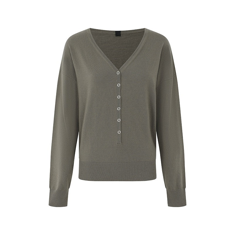 iamxiaa V-neck Henley Fine Knit Hidden Button Off Shoulder Women's Wool Blend Sweaters 869696959505