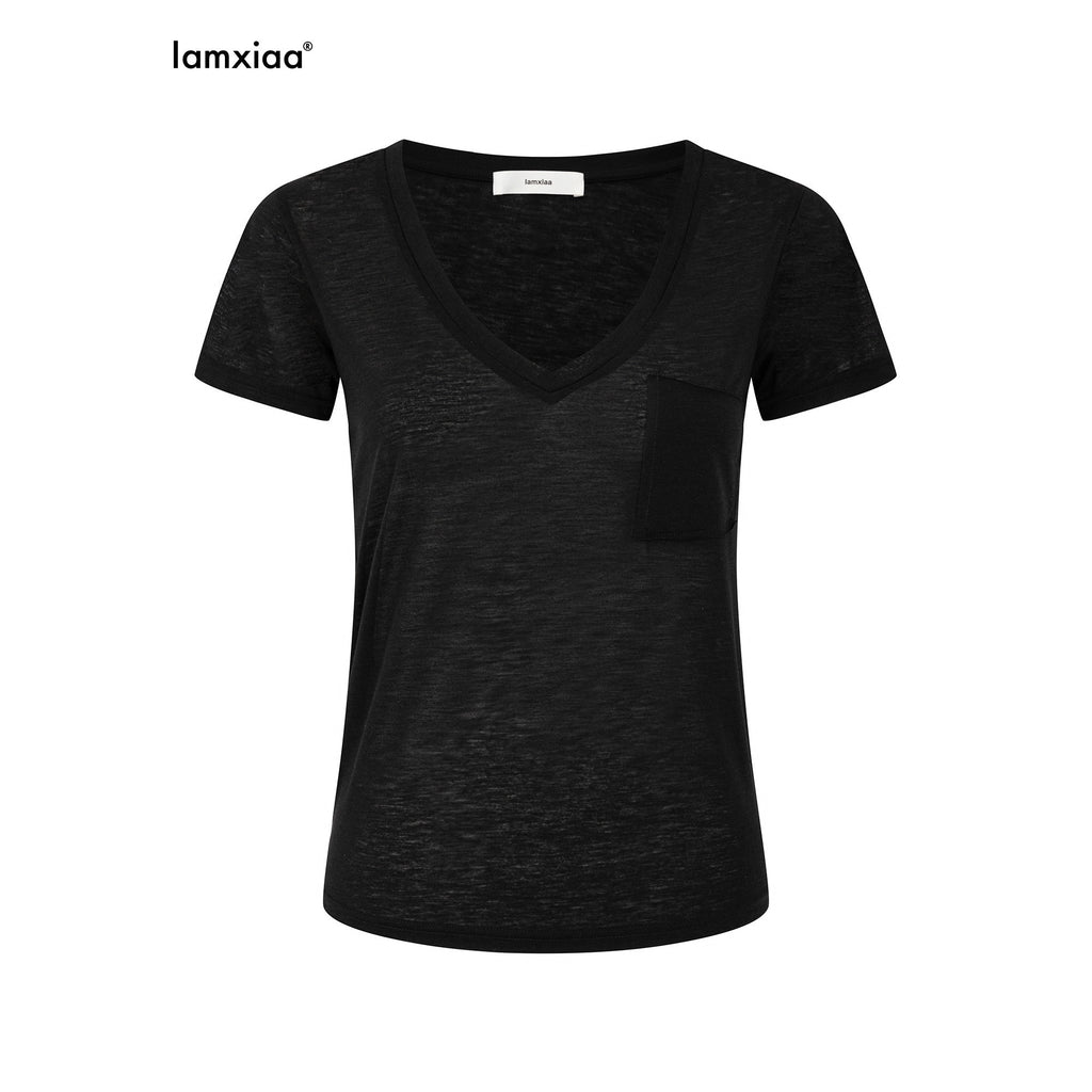 iamxiaa V-neck Irregular Pocket Fitted Cap Sleeve Women's Sheer Short Sleeve T-shirts 1038366137316