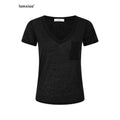 iamxiaa V-neck Irregular Pocket Fitted Cap Sleeve Women's Sheer Short Sleeve T-shirts 1038366137316