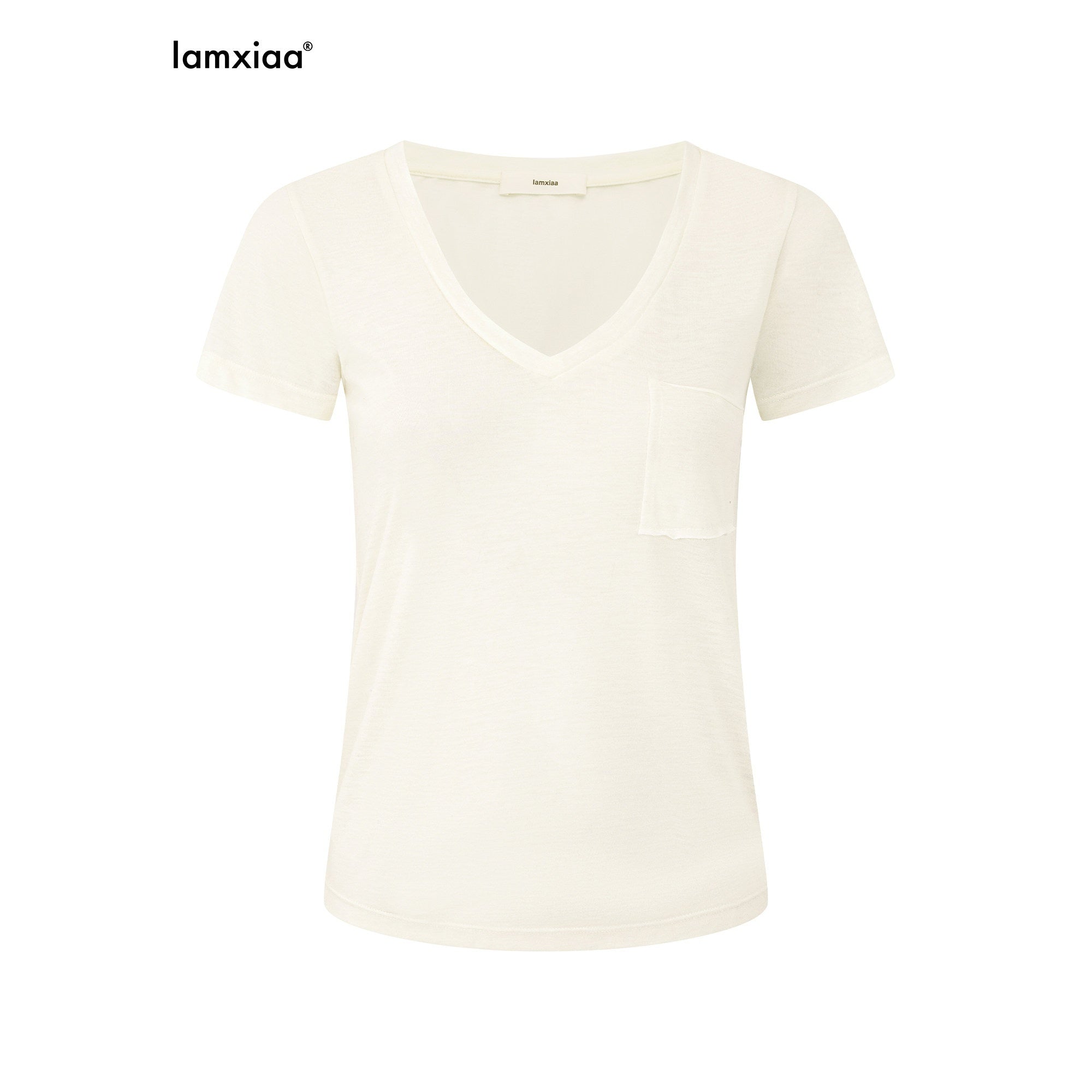 iamxiaa V-neck Irregular Pocket Fitted Cap Sleeve Women's Sheer Short Sleeve T-shirts 1038366137316