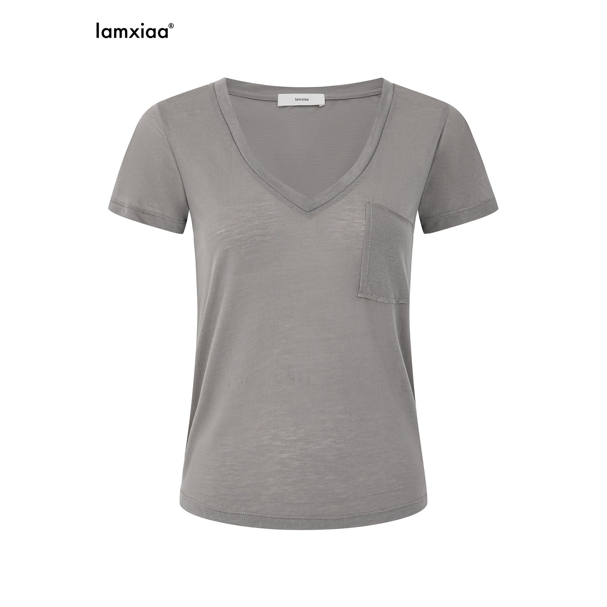 iamxiaa V-neck Irregular Pocket Fitted Cap Sleeve Women's Sheer Short Sleeve T-shirts 1038366137316