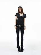 iamxiaa V-neck Irregular Pocket Fitted Cap Sleeve Women's Sheer Short Sleeve T-shirts