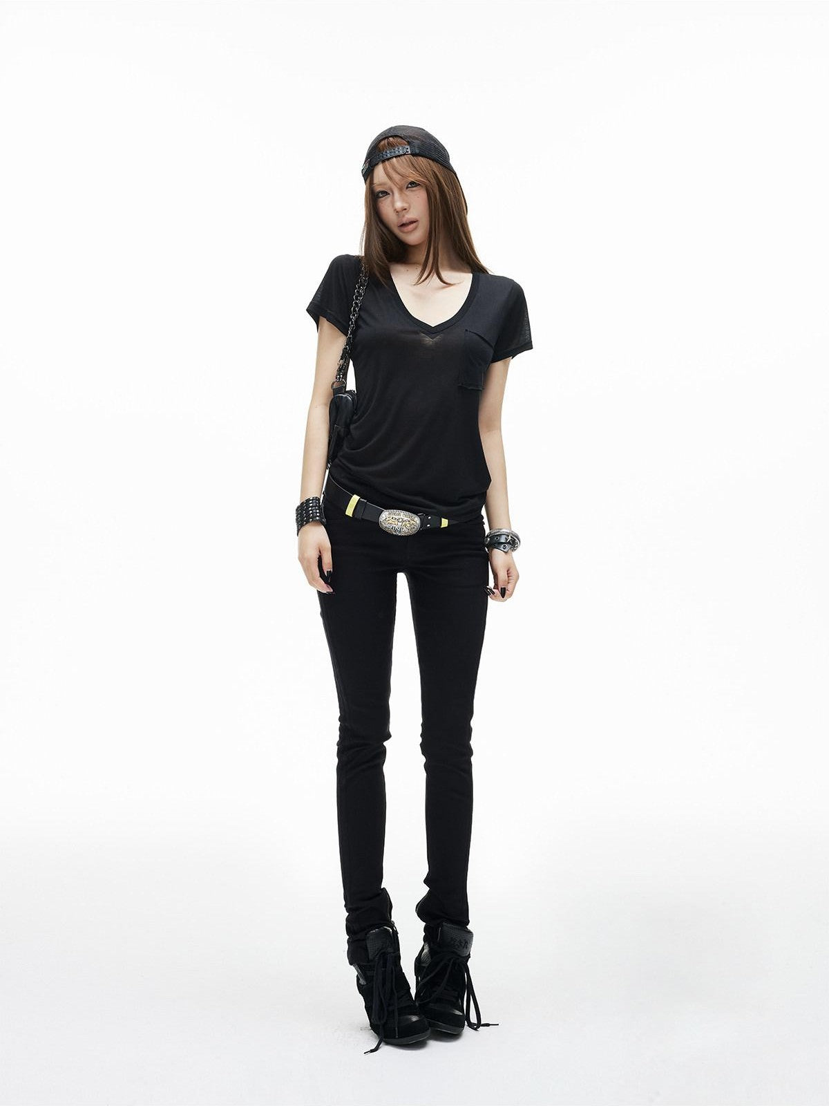 iamxiaa V-neck Irregular Pocket Fitted Cap Sleeve Women's Sheer Short Sleeve T-shirts