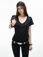 iamxiaa V-neck Irregular Pocket Fitted Cap Sleeve Women's Sheer Short Sleeve T-shirts