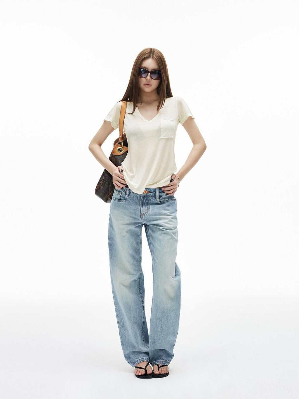 iamxiaa V-neck Irregular Pocket Fitted Cap Sleeve Women's Sheer Short Sleeve T-shirts