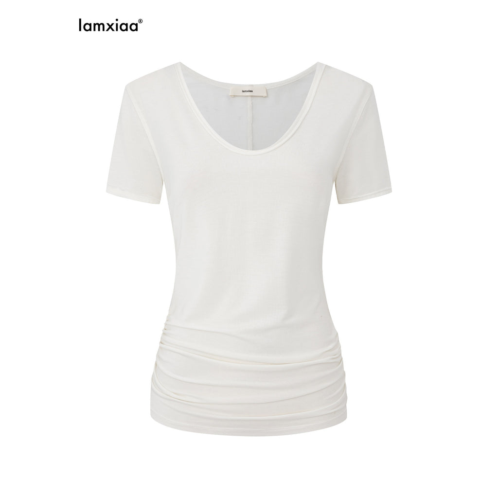 iamxiaa V-neck Ruched Slim Fit Women's Lenzing Tencel Short Sleeve T-shirts 935869414521