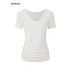 iamxiaa V-neck Ruched Slim Fit Women's Lenzing Tencel Short Sleeve T-shirts 935869414521