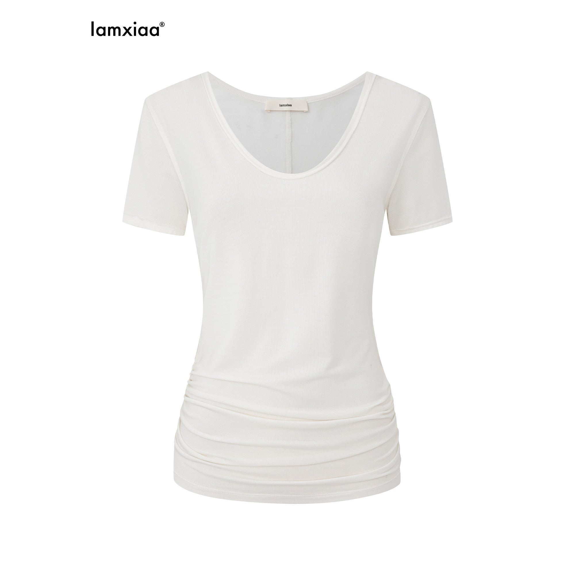 iamxiaa V-neck Ruched Slim Fit Women's Lenzing Tencel Short Sleeve T-shirts 935869414521
