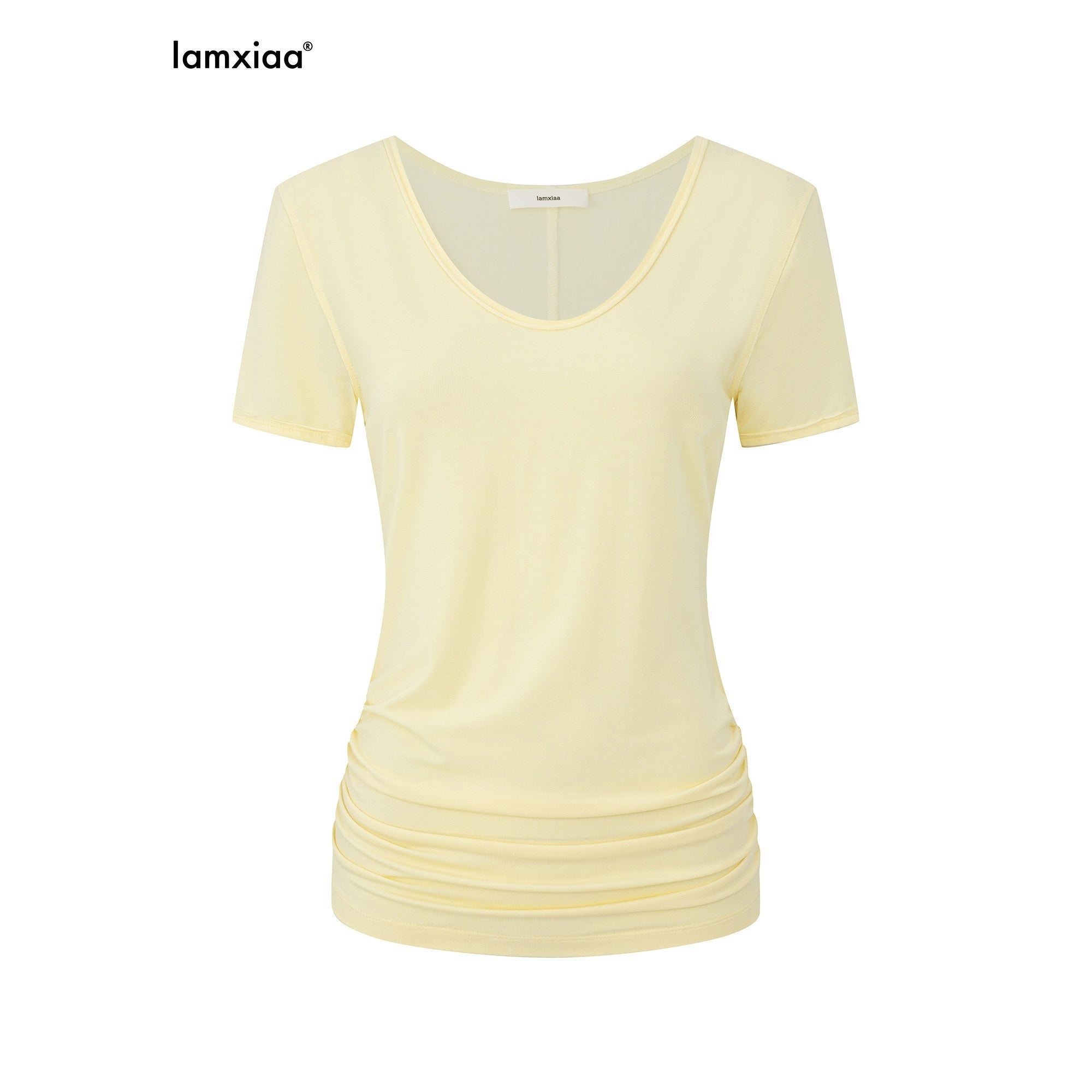 iamxiaa V-neck Ruched Slim Fit Women's Lenzing Tencel Short Sleeve T-shirts 935869414521