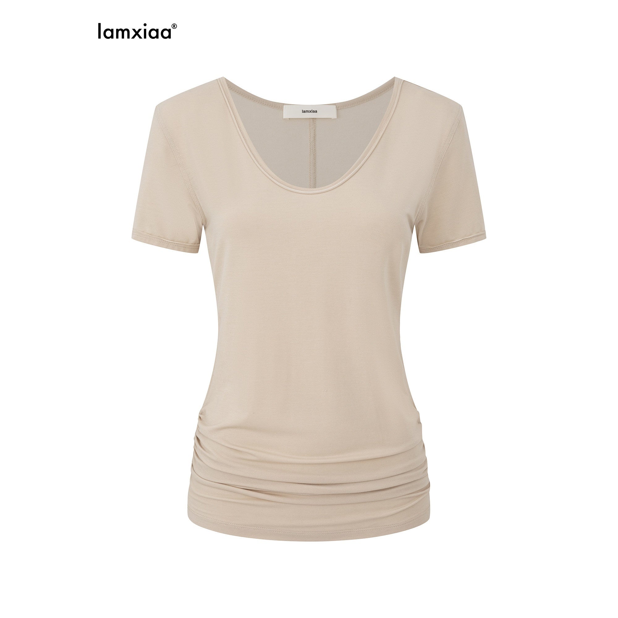 iamxiaa V-neck Ruched Slim Fit Women's Lenzing Tencel Short Sleeve T-shirts 935869414521
