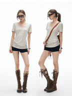 iamxiaa V-neck Ruched Slim Fit Women's Lenzing Tencel Short Sleeve T-shirts