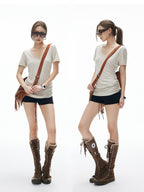 iamxiaa V-neck Ruched Slim Fit Women's Lenzing Tencel Short Sleeve T-shirts