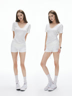 iamxiaa V-neck Ruched Slim Fit Women's Lenzing Tencel Short Sleeve T-shirts
