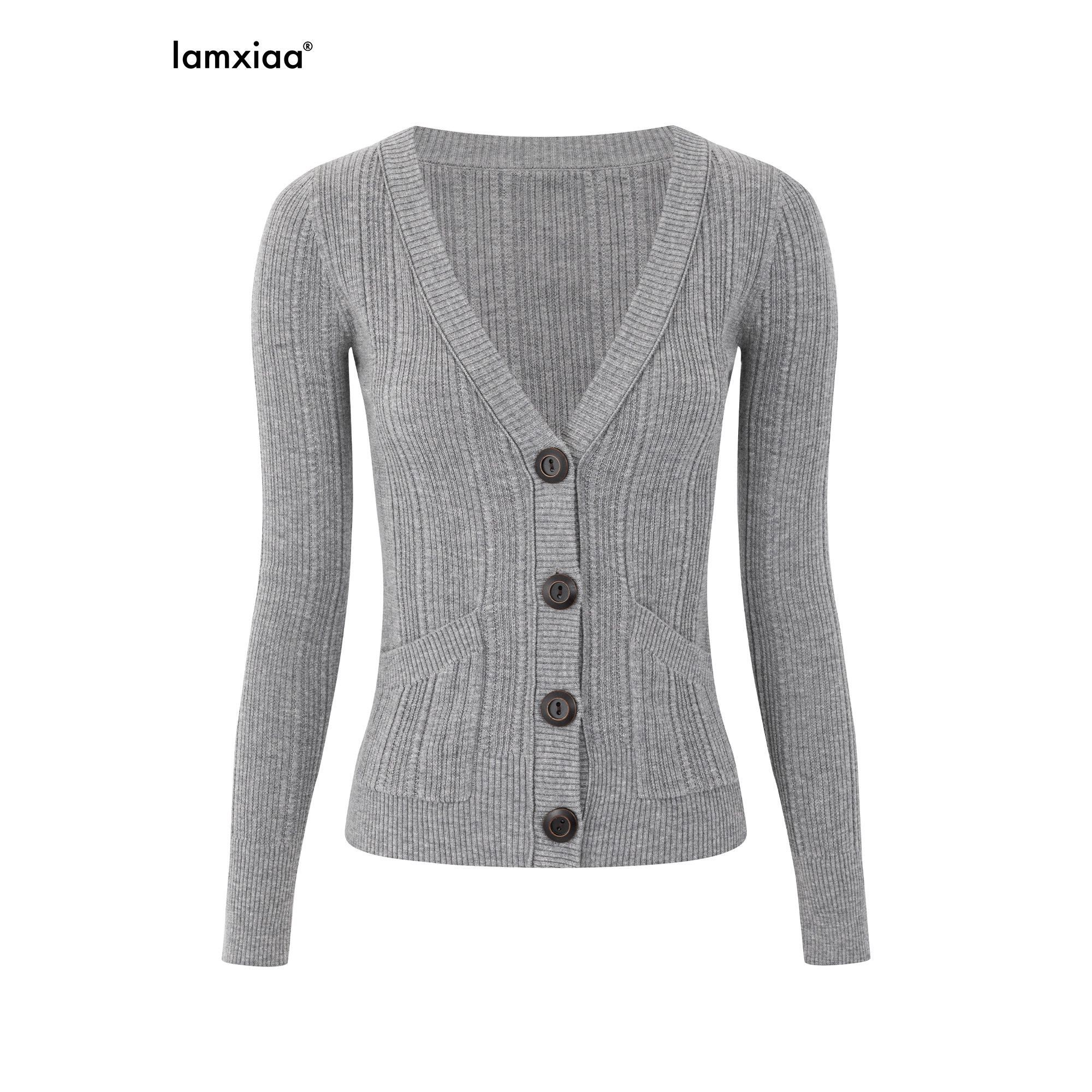 iamxiaa V-neck Vertical Rib Knit Vintage Buttons Double Pockets Women's Wool Cardigans 1014441244264