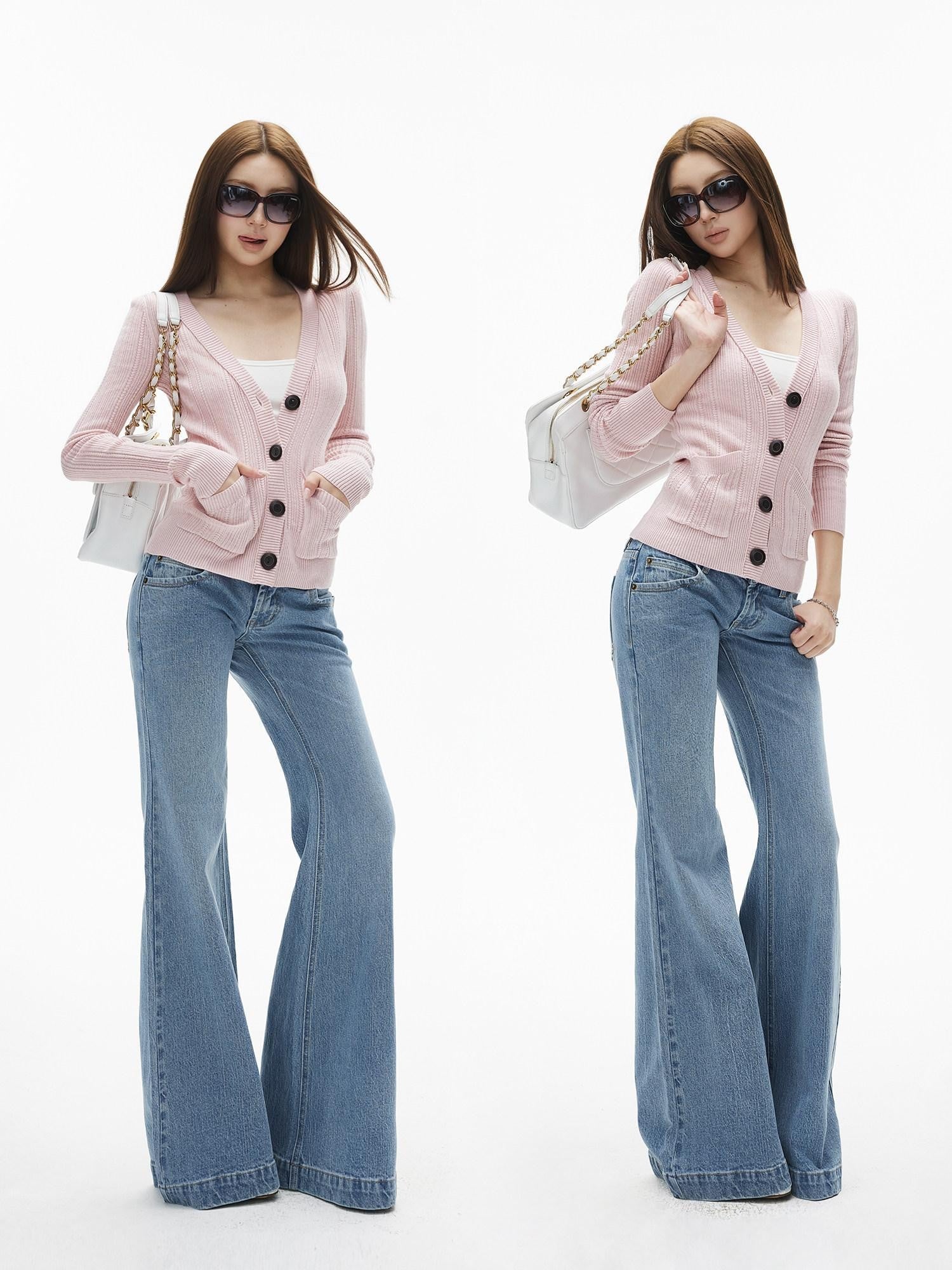 iamxiaa V-neck Vertical Rib Knit Vintage Buttons Double Pockets Women's Wool Cardigans