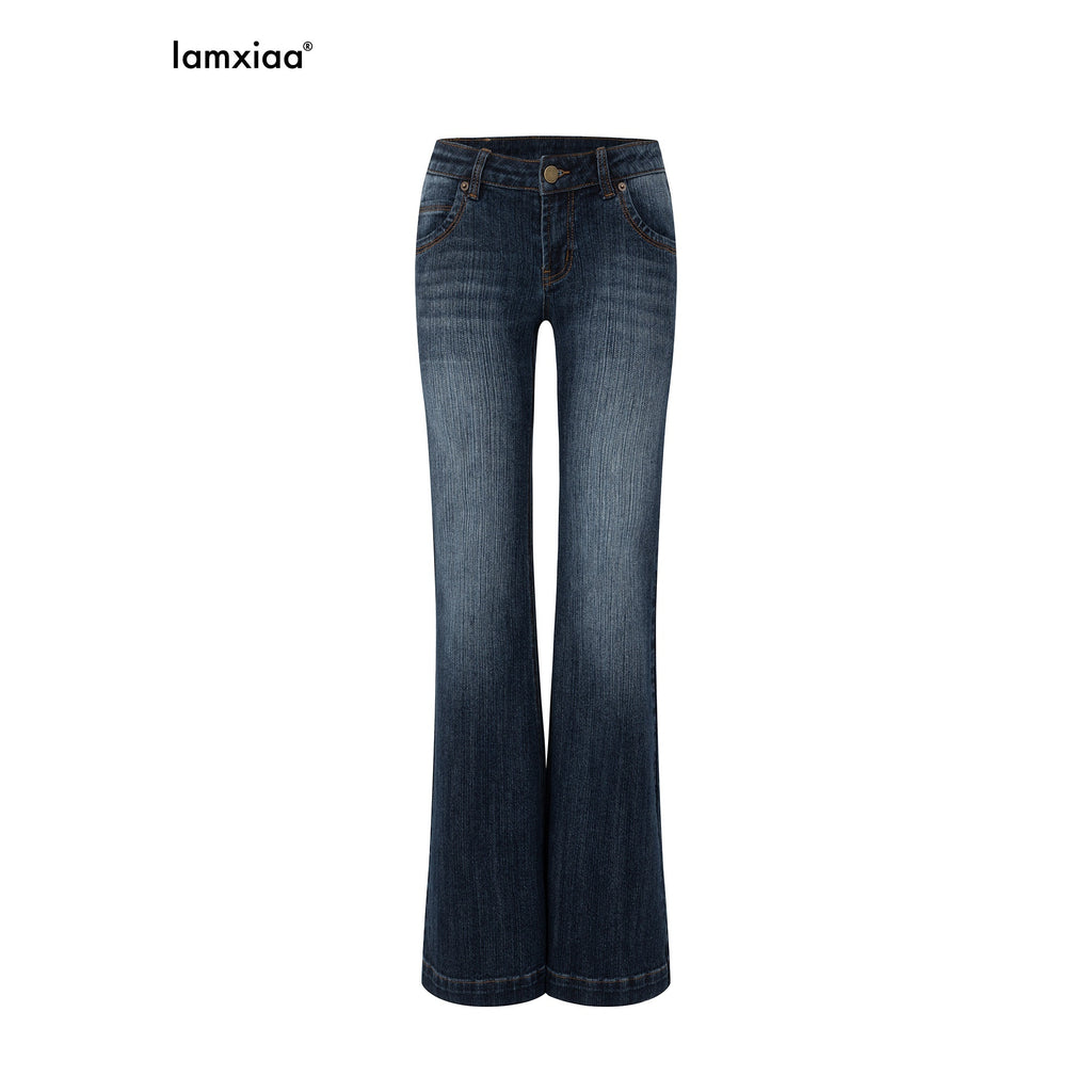 iamxiaa Vertical Ribbed Yellow Topstitch Low Rise Washed Women's Denim Flare Jeans 971532362240