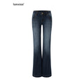 iamxiaa Vertical Ribbed Yellow Topstitch Low Rise Washed Women's Denim Flare Jeans 971532362240