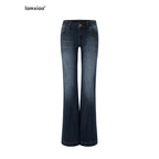 iamxiaa Vertical Ribbed Yellow Topstitch Low Rise Washed Women's Denim Flare Jeans 971532362240
