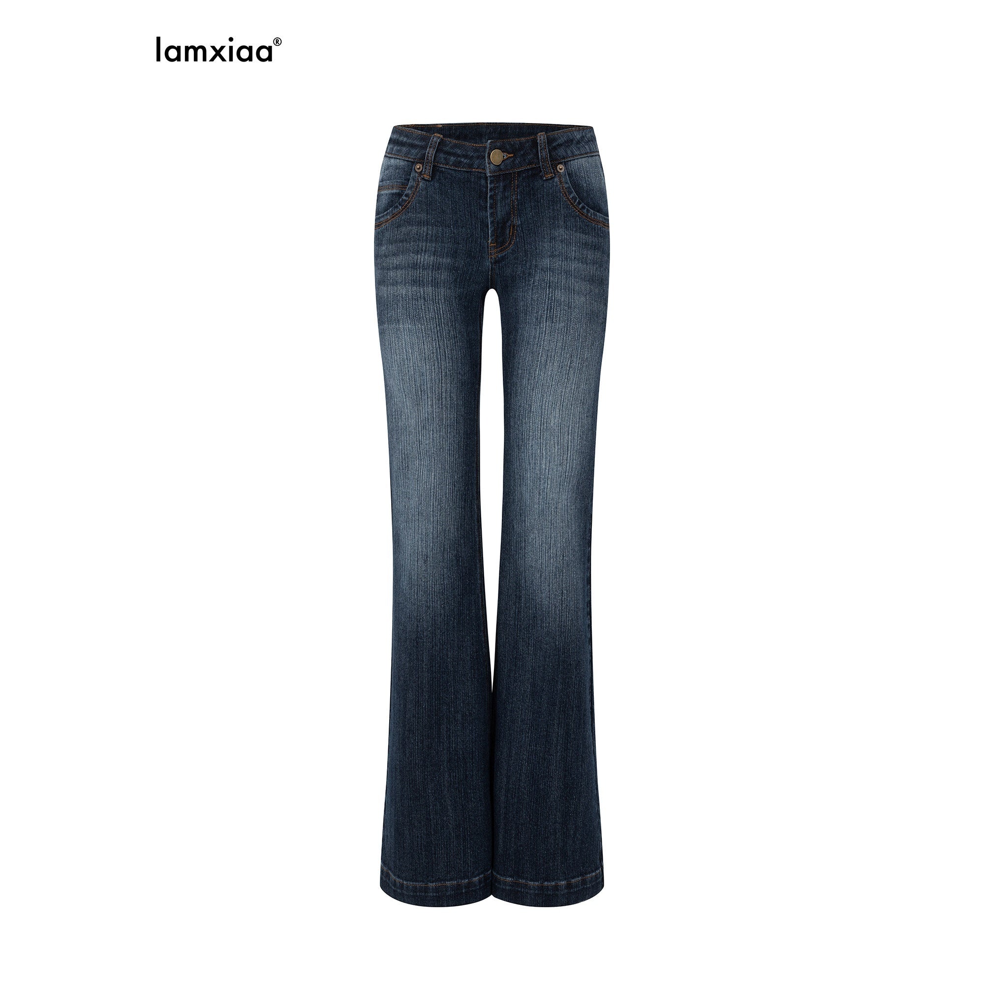 iamxiaa Vertical Ribbed Yellow Topstitch Low Rise Washed Women's Denim Flare Jeans 971532362240