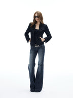 iamxiaa Vertical Ribbed Yellow Topstitch Low Rise Washed Women's Denim Flare Jeans