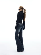 iamxiaa Vertical Ribbed Yellow Topstitch Low Rise Washed Women's Denim Flare Jeans