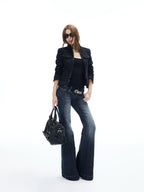 iamxiaa Vertical Ribbed Yellow Topstitch Low Rise Washed Women's Denim Flare Jeans