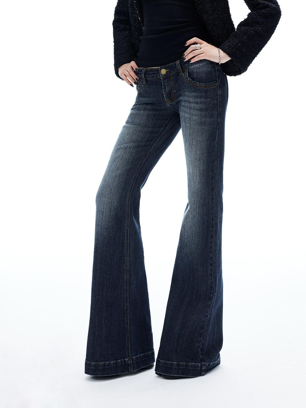 iamxiaa Vertical Ribbed Yellow Topstitch Low Rise Washed Women's Denim Flare Jeans