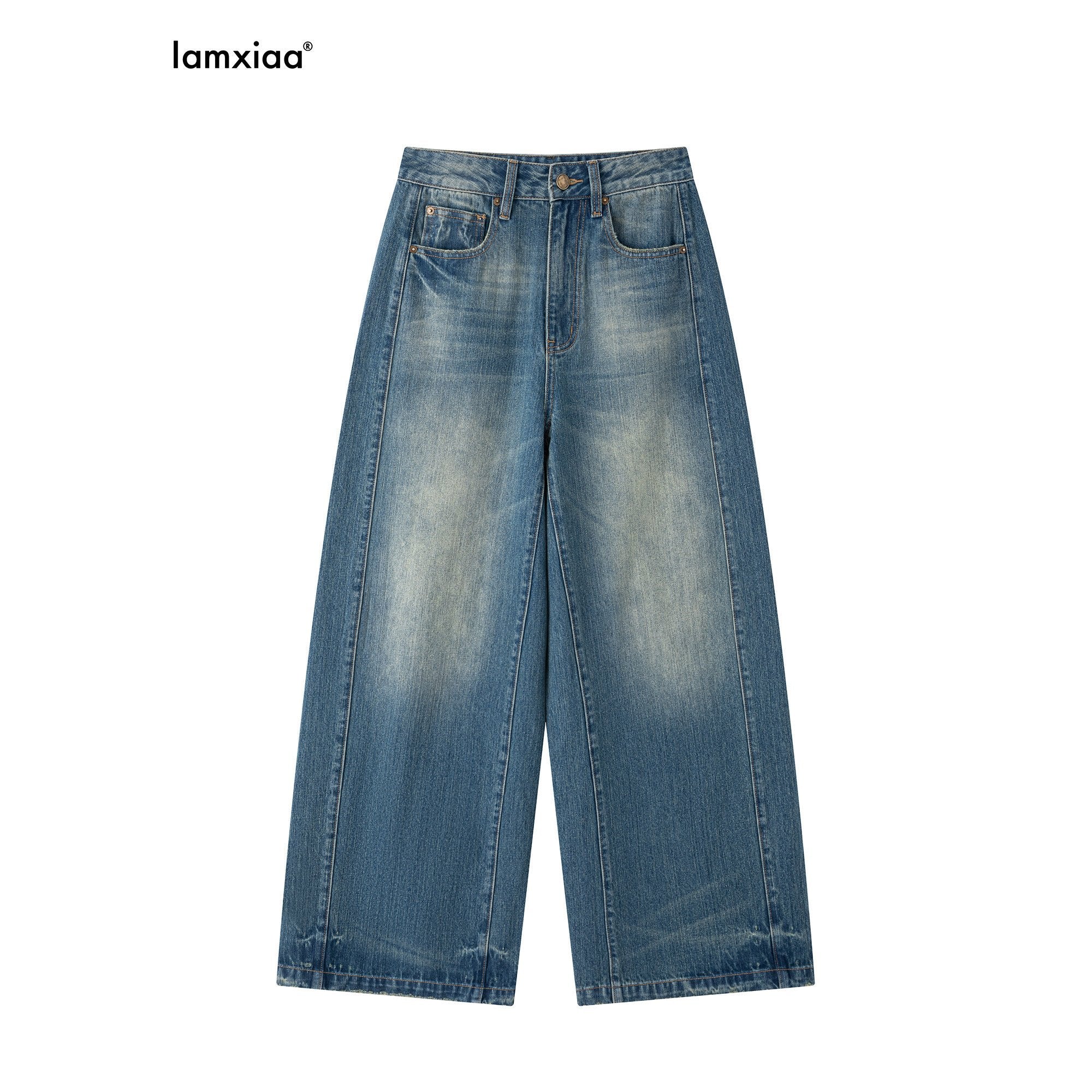 iamxiaa Vintage Adjustable Back Waist Tab Women's Washed Blue Denim Wide-leg Pants 1004681612759