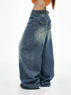 iamxiaa Vintage Adjustable Back Waist Tab Women's Washed Blue Denim Wide-leg Pants