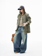 iamxiaa Vintage Adjustable Back Waist Tab Women's Washed Blue Denim Wide-leg Pants