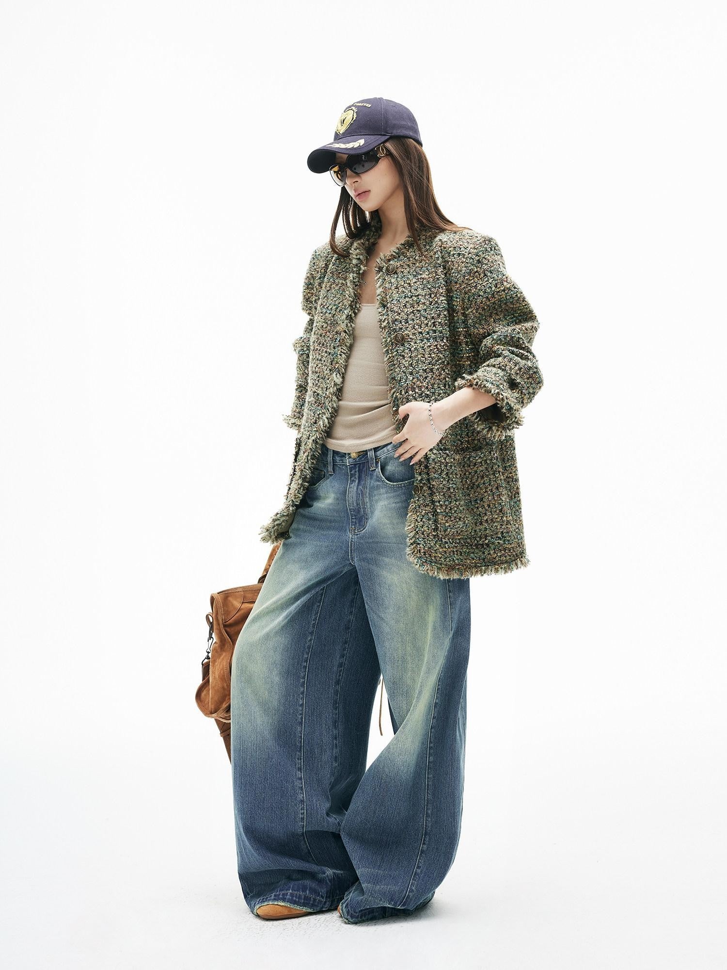 iamxiaa Vintage Adjustable Back Waist Tab Women's Washed Blue Denim Wide-leg Pants
