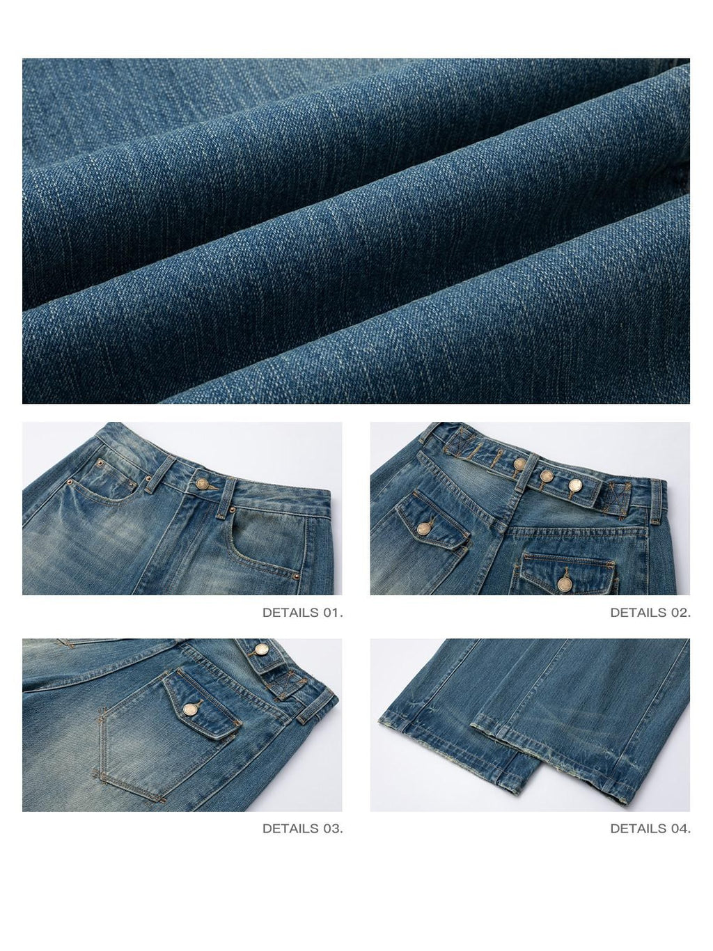 iamxiaa Vintage Adjustable Back Waist Tab Women's Washed Blue Denim Wide-leg Pants