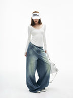iamxiaa Vintage Adjustable Back Waist Tab Women's Washed Blue Denim Wide-leg Pants